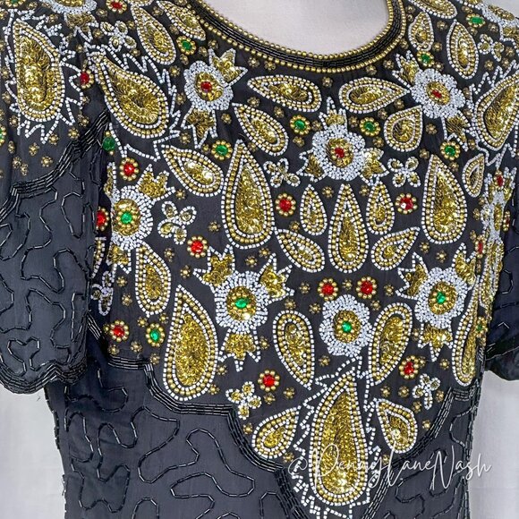 Laurence Kazar Vintage 80s Silk Bead-Sequin Dress Black - Picture 5 of 14